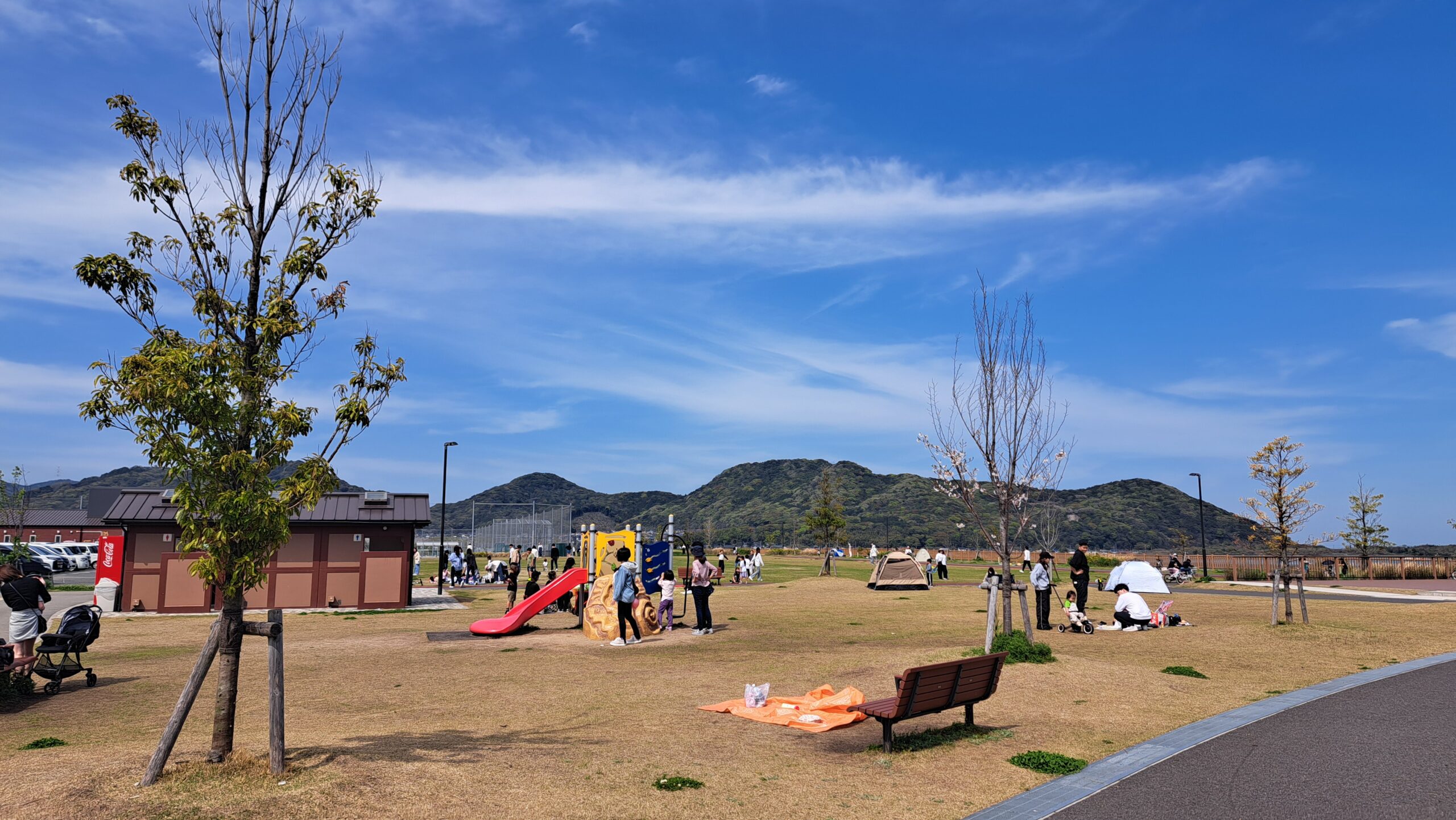 芝生広場。幼児向け遊具も設置されている