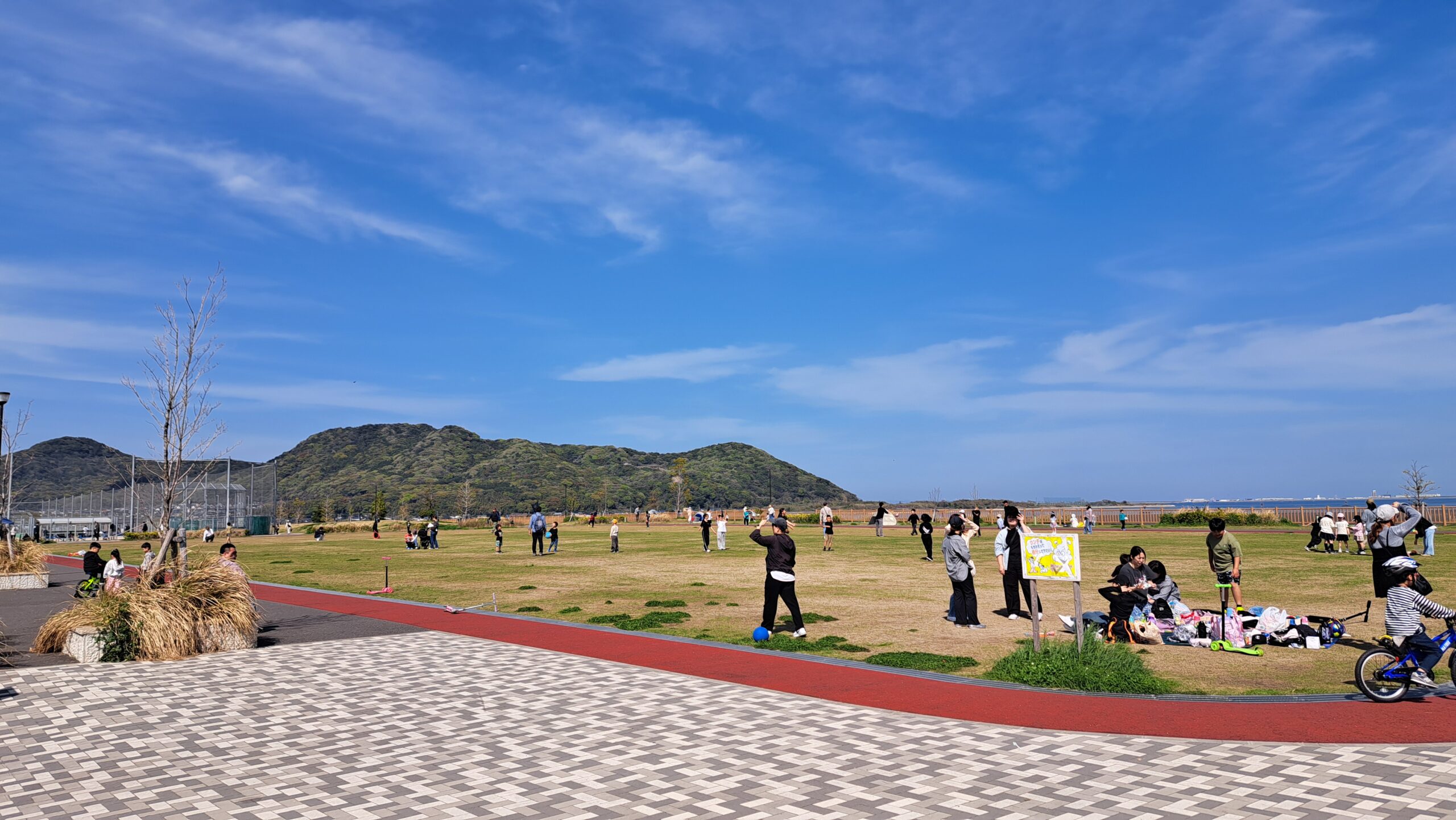 芝生広場の広がり。奥に干潟と空が広がる